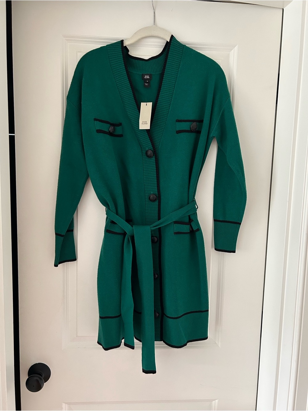 River Island Emerald Green cardigan sweater dress with Black Trim